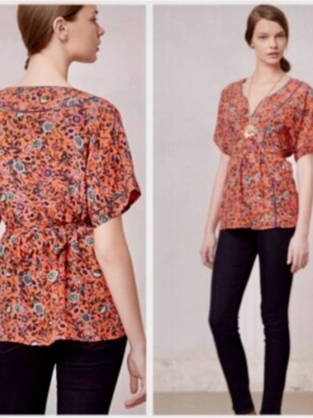 Anthropologie Maeve Orange Floral Tie-Front V-Neck Tunic